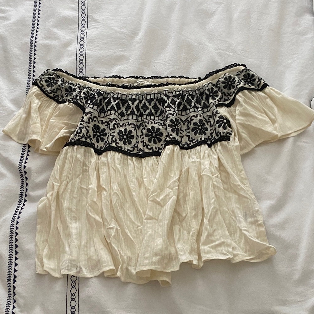 American Eagle Cream Blouse with Black Embroidery